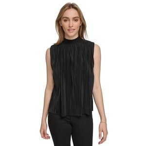 Calvin Klein Plisse Mock-Neck‎ Womens L Black Sleeveless Pleated Top NWT